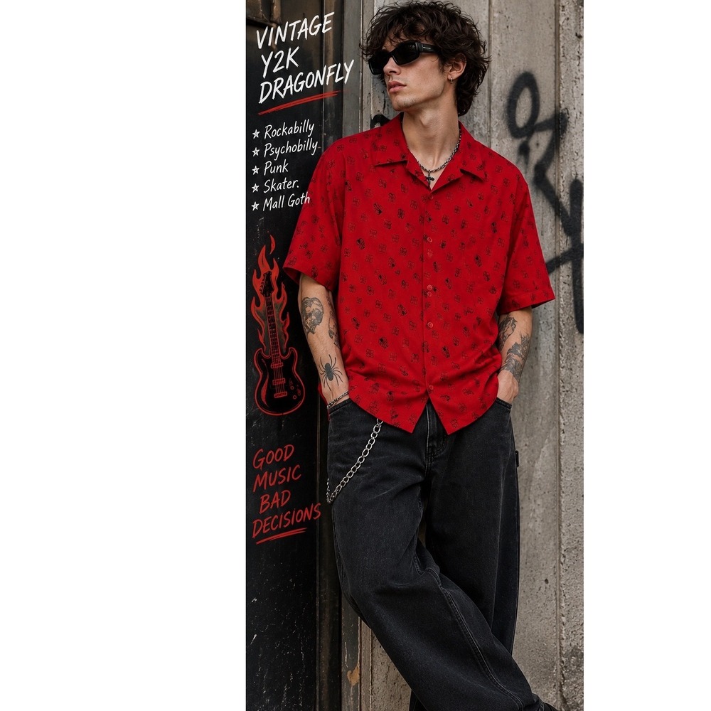 Vintage Y2K Dragonfly Red Black Guitar Flame Shirt L Rockabilly Psychobilly Punk